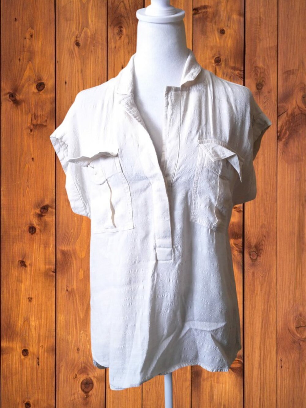 Loft Popover Blouse Top Collared Size XS Chest Pockets Neutral Beachy Office